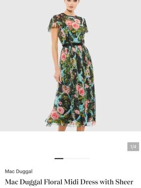 Mac Duggal Black Floral Midi Dress with Pink and Blue Blooms